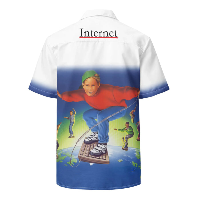 90s Internet Kid Hawaiian Shirt - The specific "keyboard surfer" illustration depicting a youth in a vibrant red sweatshirt (#C62828) balancing on a beige peripheral (#E8E3D5) over a wireframe globe.
