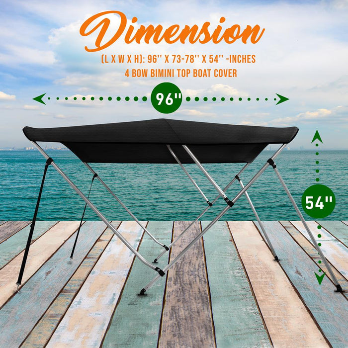 96" 4 Bow Bimini Top Boat Cover, Waterproof Aluminum Frame, Gray