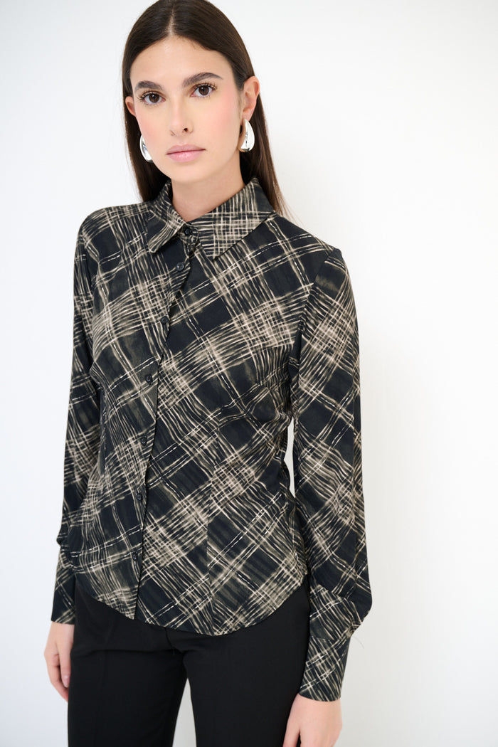 Abstract chequered long sleeve button shirt wholesale