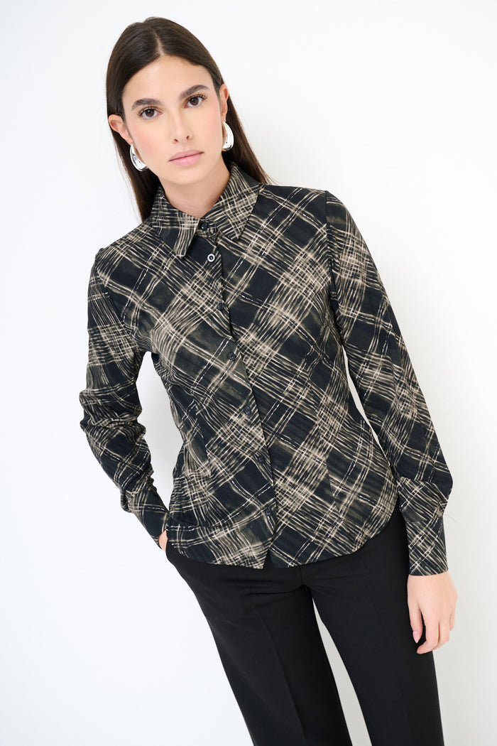 Abstract chequered long sleeve button shirt wholesale