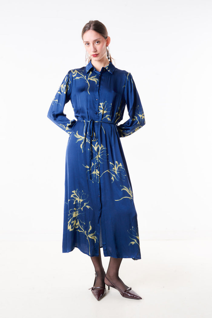 Abstract floral printed shirt dress with waist tie belt wholesale