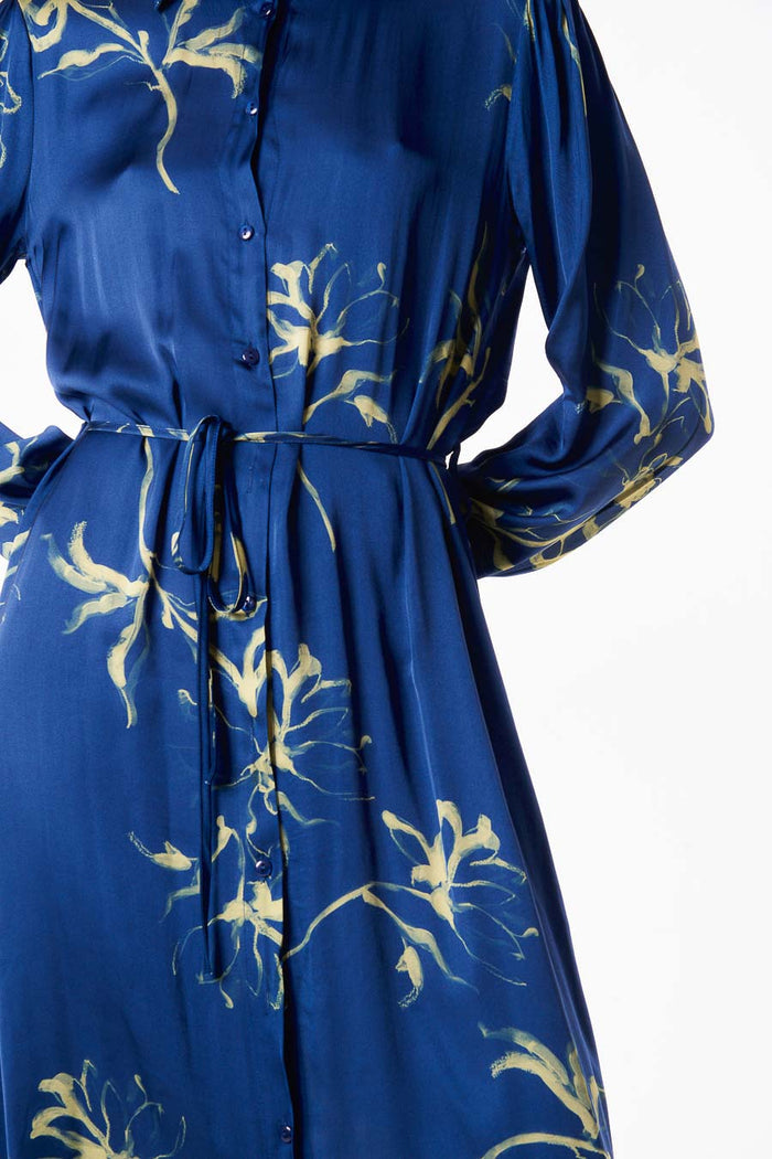 Abstract floral printed shirt dress with waist tie belt wholesale