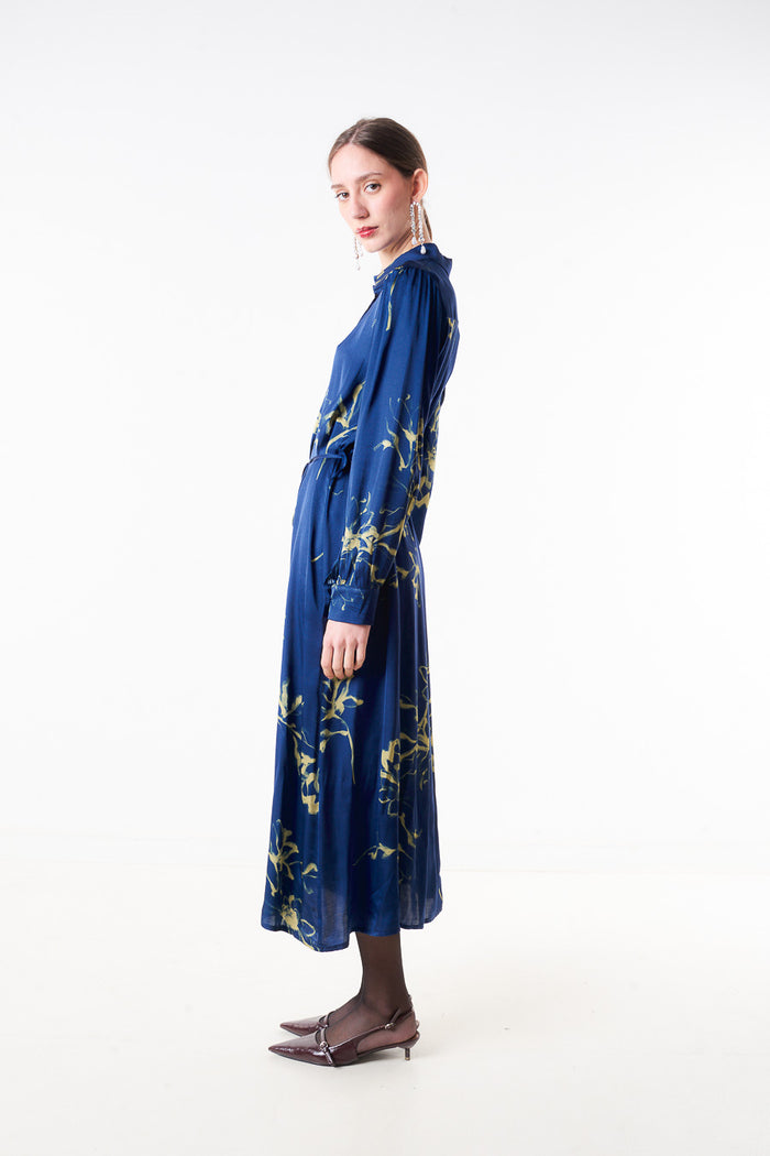 Abstract floral printed shirt dress with waist tie belt wholesale