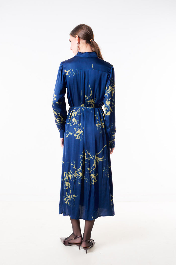 Abstract floral printed shirt dress with waist tie belt wholesale