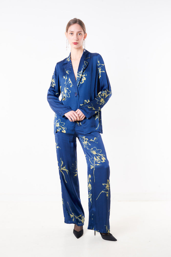 Abstract floral printed single button blazer with notch lapel wholesale
