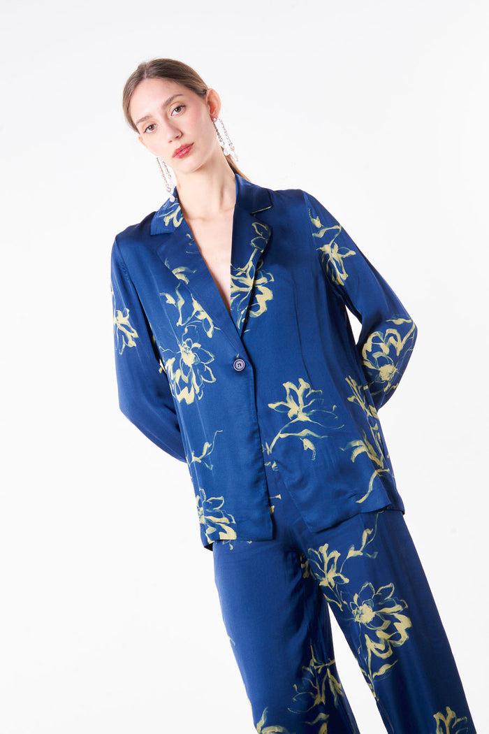 Abstract floral printed single button blazer with notch lapel wholesale
