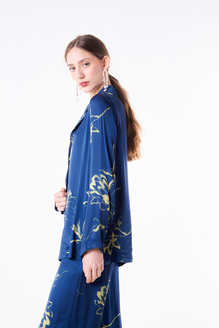 Abstract floral printed single button blazer with notch lapel wholesale