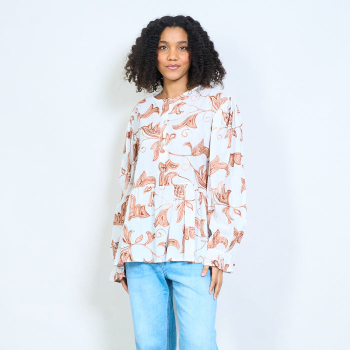 Abstract leaf print button front blouse wholesale