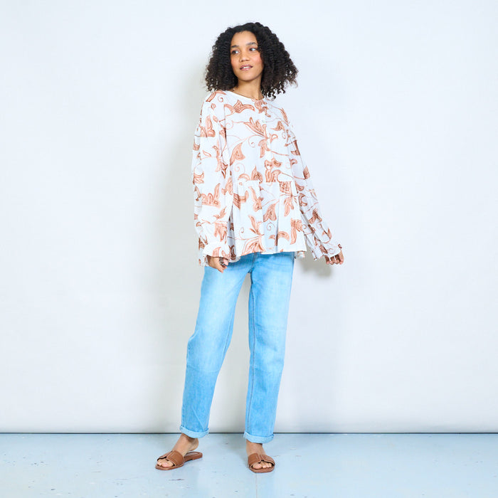Abstract leaf print button front blouse wholesale