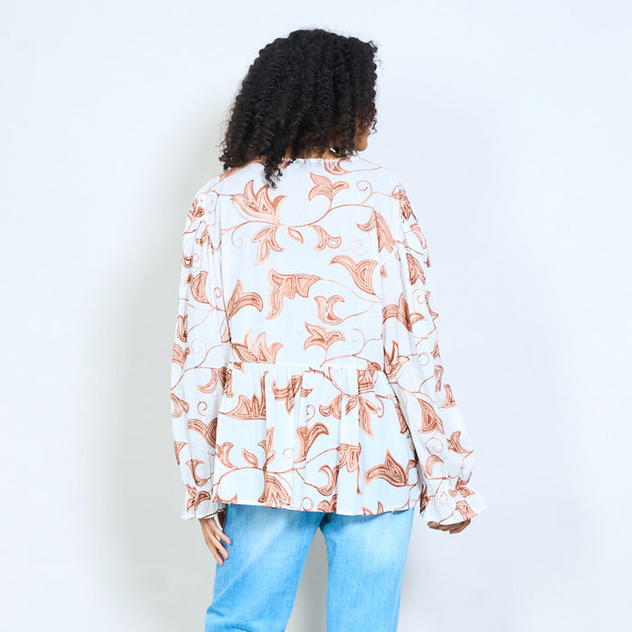 Abstract leaf print button front blouse wholesale