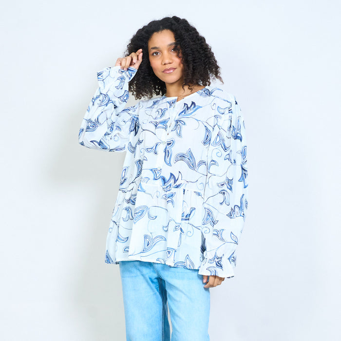 Abstract leaf print button front blouse wholesale