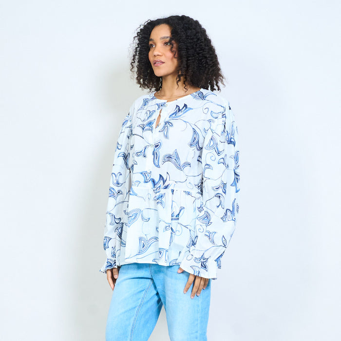 Abstract leaf print button front blouse wholesale