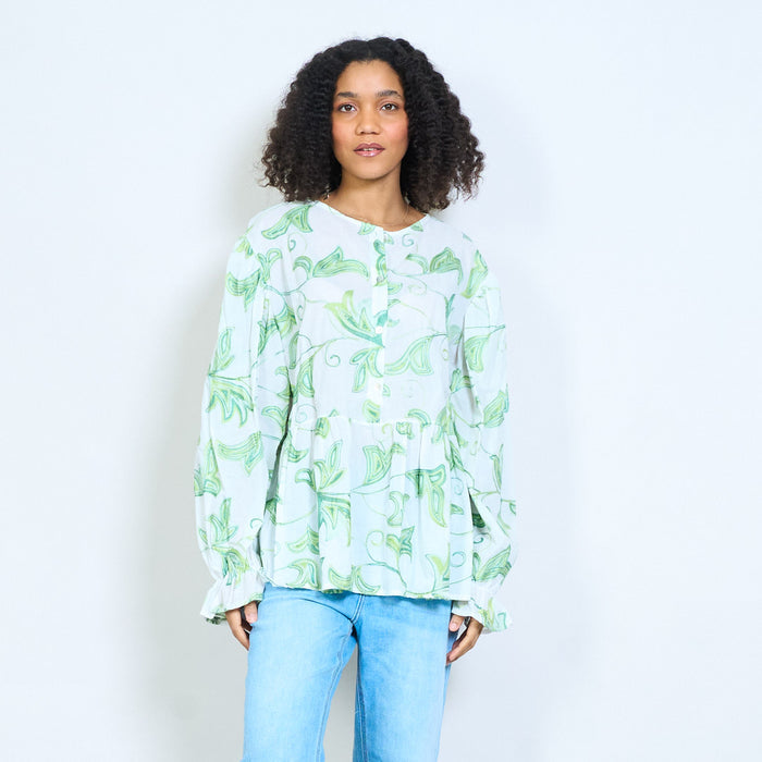 Abstract leaf print button front blouse wholesale