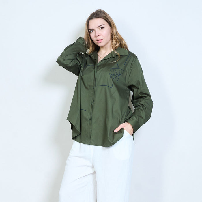 Abstract line print button front collared blouse wholesale