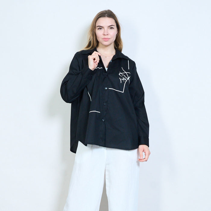Abstract line print button front collared blouse wholesale