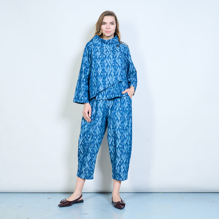 Abstract print cropped straight leg trousers with elastic waistband wholesale