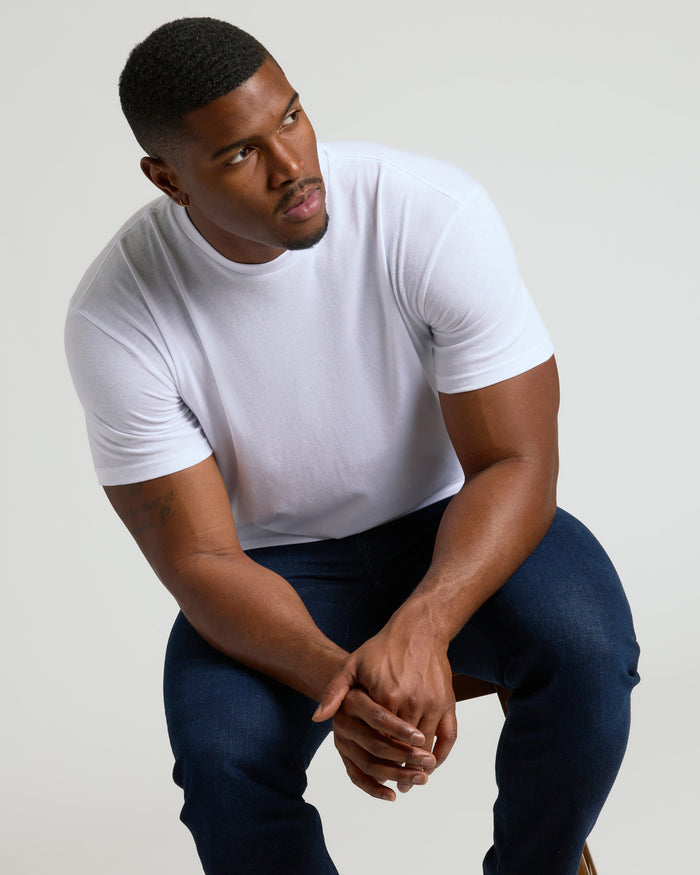 Young man wearing All White Tall Classic Crew 10-Pack.