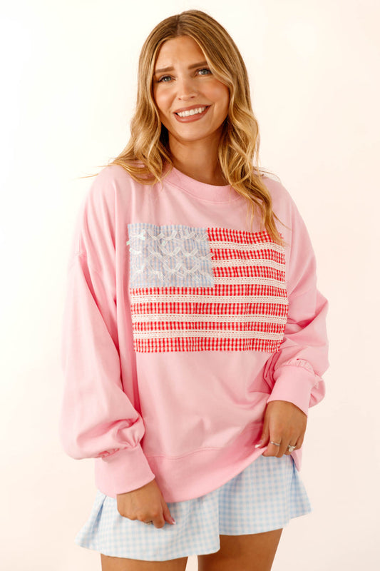 Women's Blush Pink American Flag Pullover- Ribbon and Bow Flag Pullover