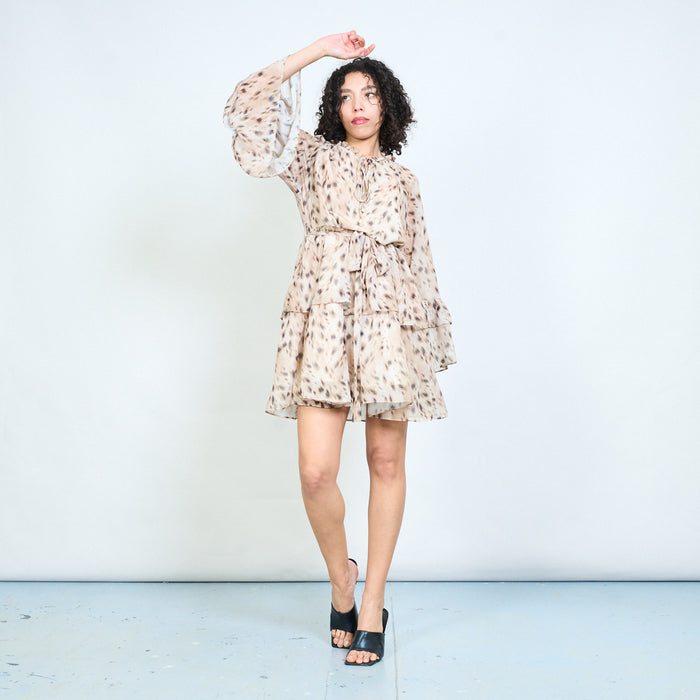 Animal print ruffle sleeve belted mini dress wholesale