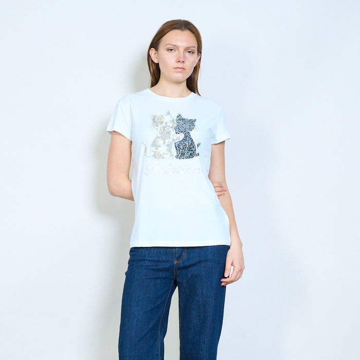 Animalia edit embellished cat graphic letter print short sleeve t shirt wholesale