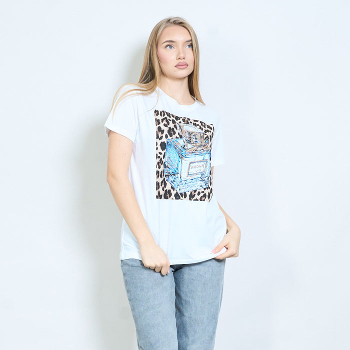 Animalia edit leopard motif perfume bottle graphic printed t-shirt wholesale