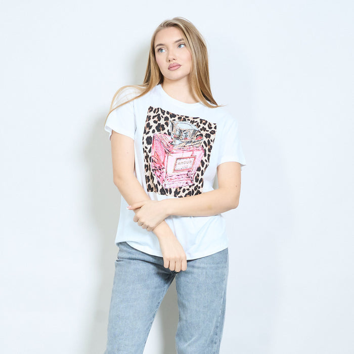 Animalia edit leopard motif perfume bottle graphic printed t-shirt wholesale