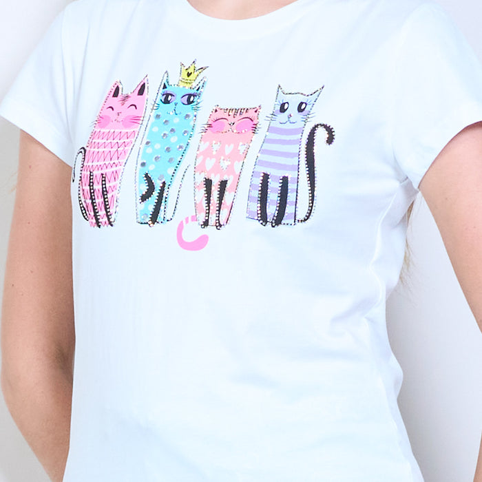Animalia edit rhinestone embellished playful cat graphic printed short sleeve t-shirt wholesale