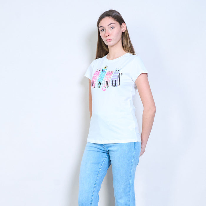 Animalia edit rhinestone embellished playful cat graphic printed short sleeve t-shirt wholesale