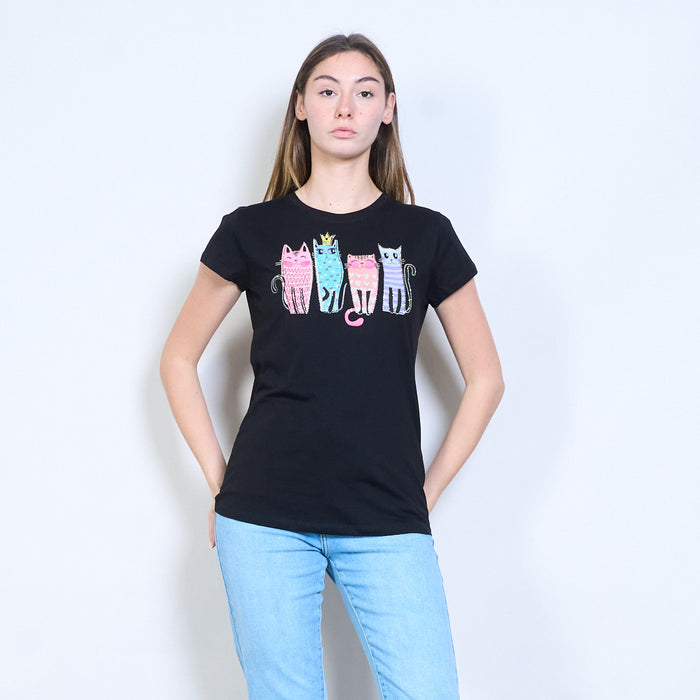 Animalia edit rhinestone embellished playful cat graphic printed short sleeve t-shirt wholesale