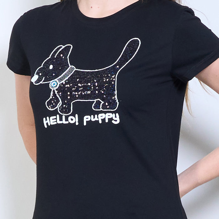 Animalia edit sequins rhinestones "Hello! Puppy" dog graphic printed t shirt wholesale