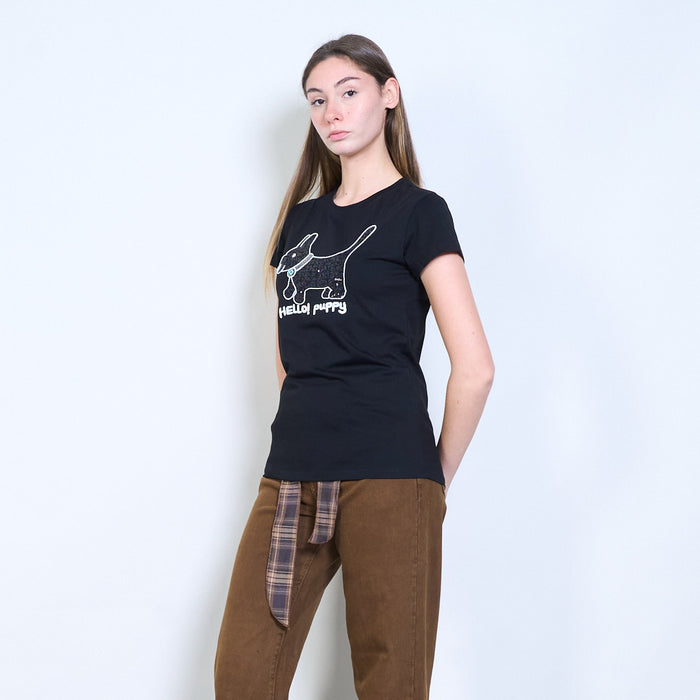 Animalia edit sequins rhinestones "Hello! Puppy" dog graphic printed t shirt wholesale