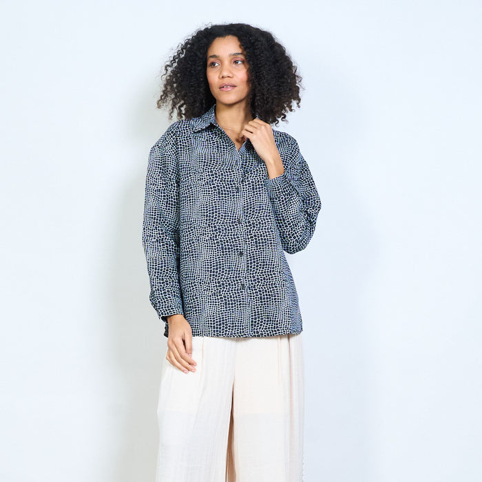 Animalia reptile scale graphic button front long sleeve blouse wholesale