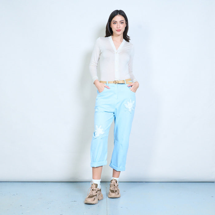 Appliqué detail elastic waist relaxed fit trousers wholesale