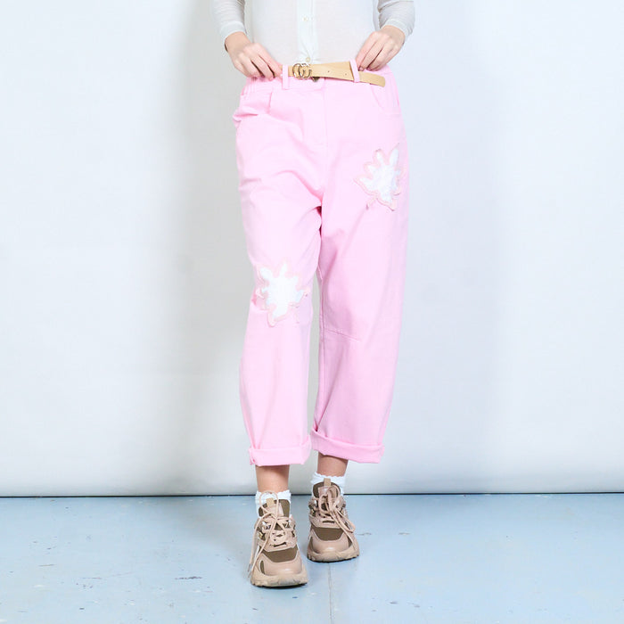 Appliqué detail elastic waist relaxed fit trousers wholesale