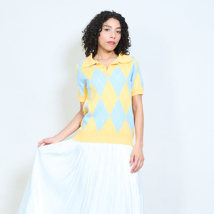 Argyle pattern collared short sleeve knit polo top wholesale