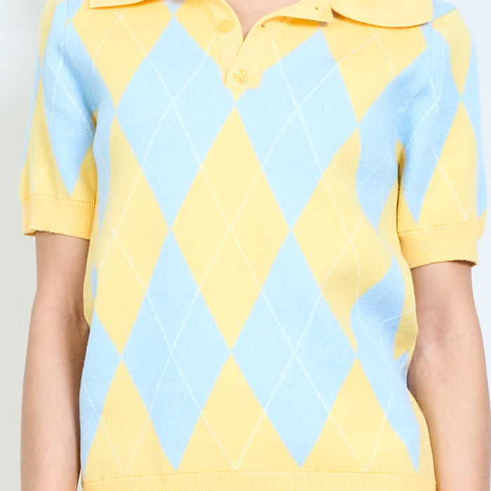 Argyle pattern collared short sleeve knit polo top wholesale