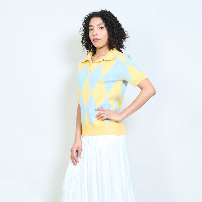 Argyle pattern collared short sleeve knit polo top wholesale