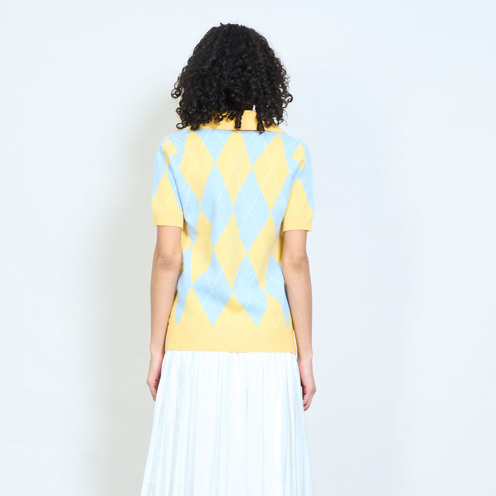 Argyle pattern collared short sleeve knit polo top wholesale