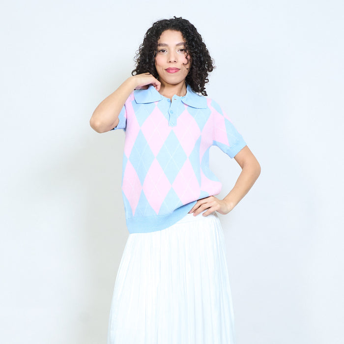 Argyle pattern collared short sleeve knit polo top wholesale