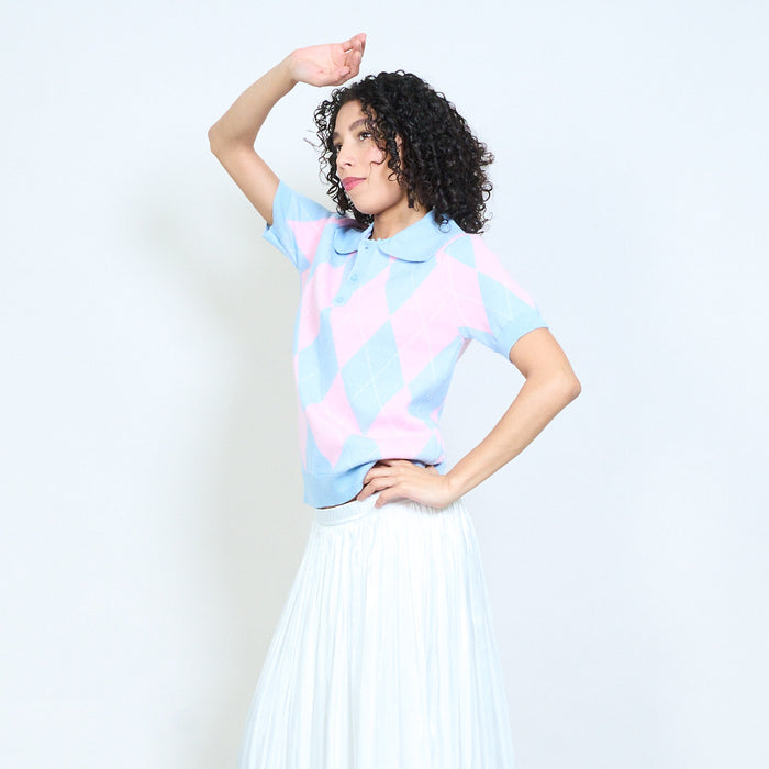 Argyle pattern collared short sleeve knit polo top wholesale