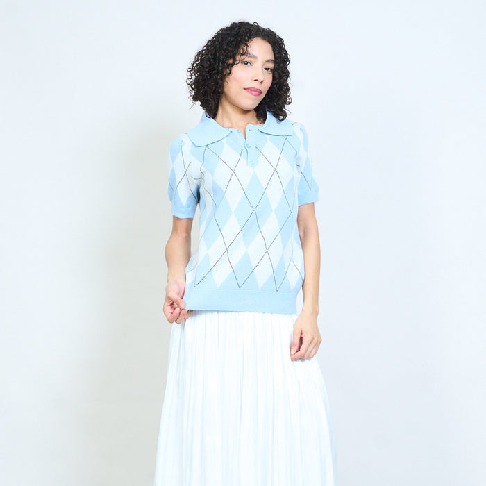 Argyle pattern collared short sleeve knit polo top wholesale