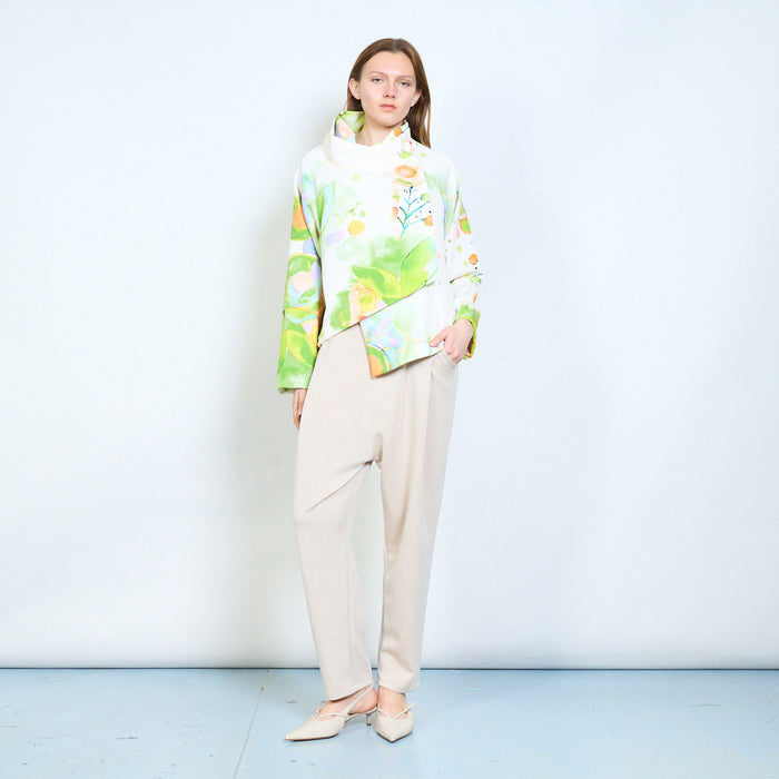 Artistic abstract print asymmetric drape long sleeve top wholesale