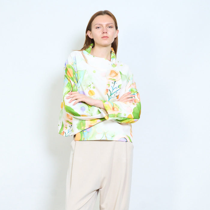 Artistic abstract print asymmetric drape long sleeve top wholesale