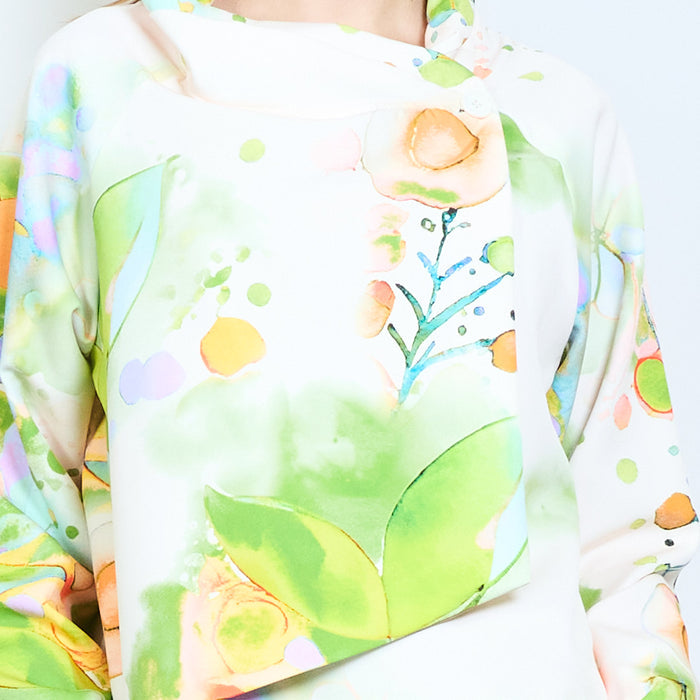 Artistic abstract print asymmetric drape long sleeve top wholesale