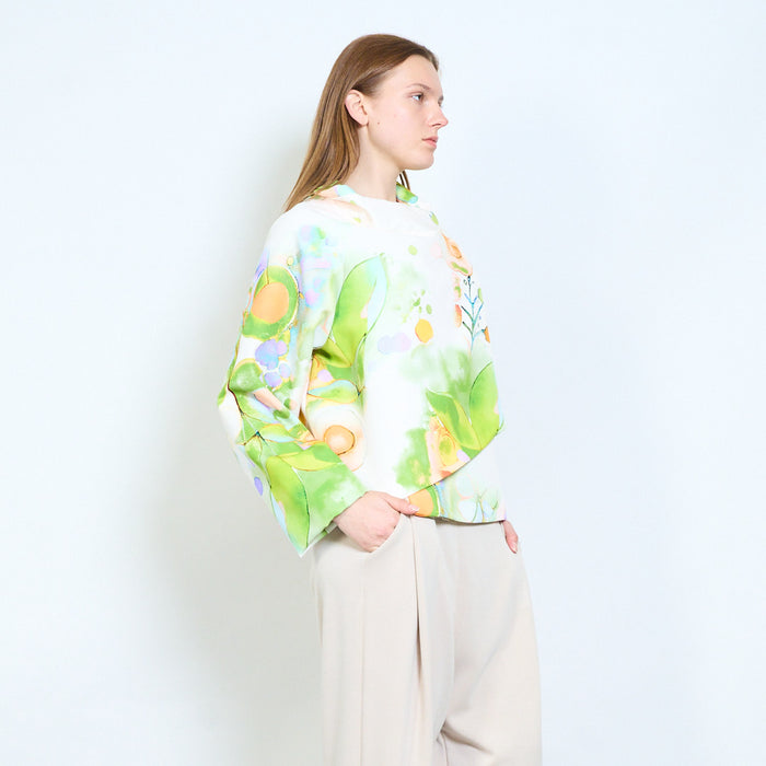 Artistic abstract print asymmetric drape long sleeve top wholesale