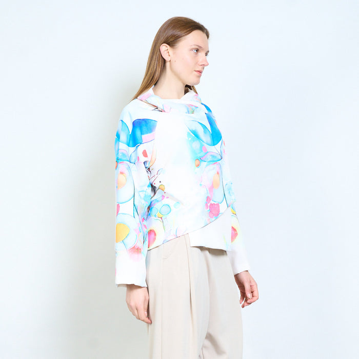 Artistic abstract print asymmetric drape long sleeve top wholesale