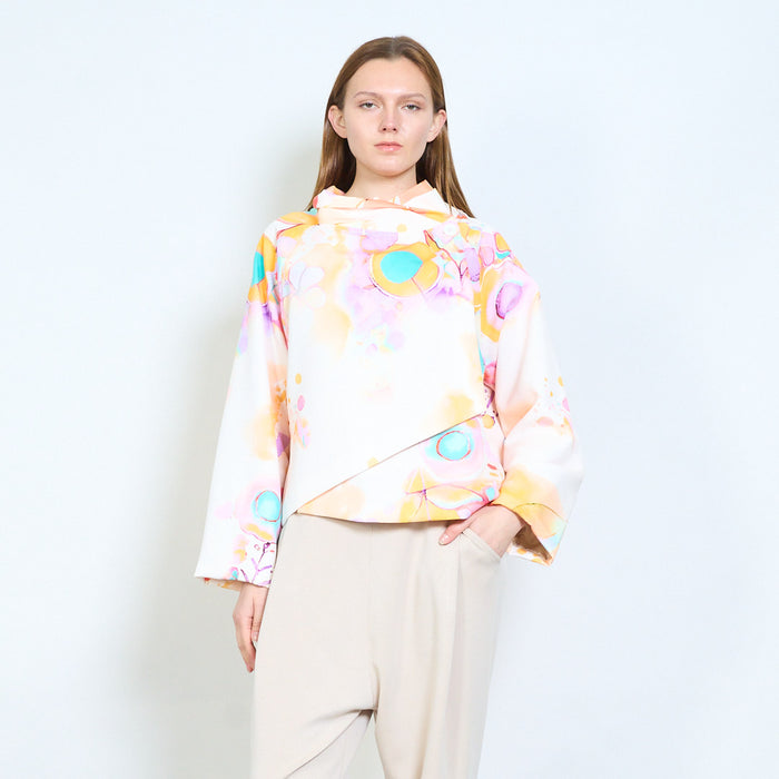 Artistic abstract print asymmetric drape long sleeve top wholesale