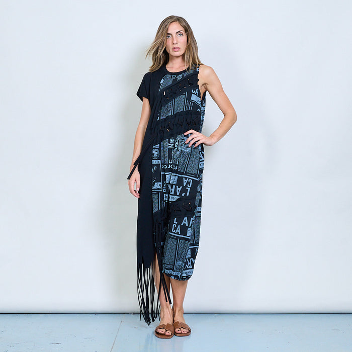 Asymmetric dress with newspaper print panel and fringe detail wholesale