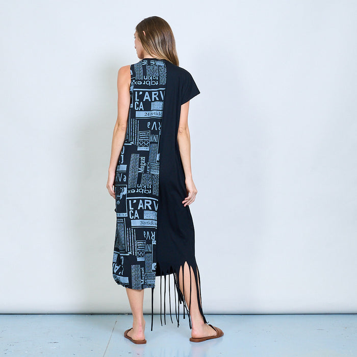 Asymmetric dress with newspaper print panel and fringe detail wholesale