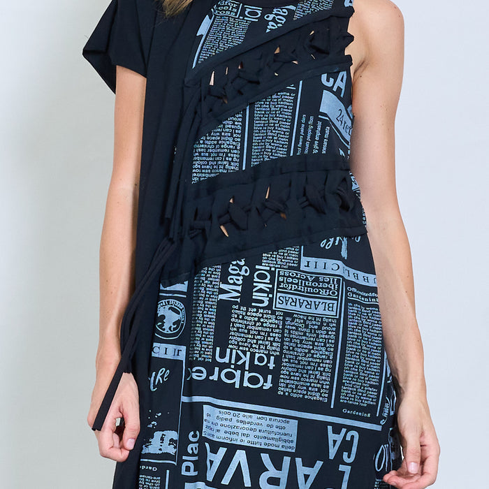 Asymmetric dress with newspaper print panel and fringe detail wholesale